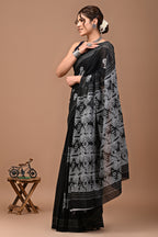 ROVIM Hand Block Printed Cotton Saree with Golden Zari Border & Blouse – Elegant Traditional Wear for Festive & Special Occasions