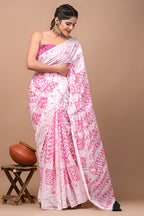 ROVIM Jaipuri Hand Block Printed Cotton Mulmul Saree with Blouse – Soft, Lightweight & Skin-Friendly | Traditional Ethnic Wear for Women