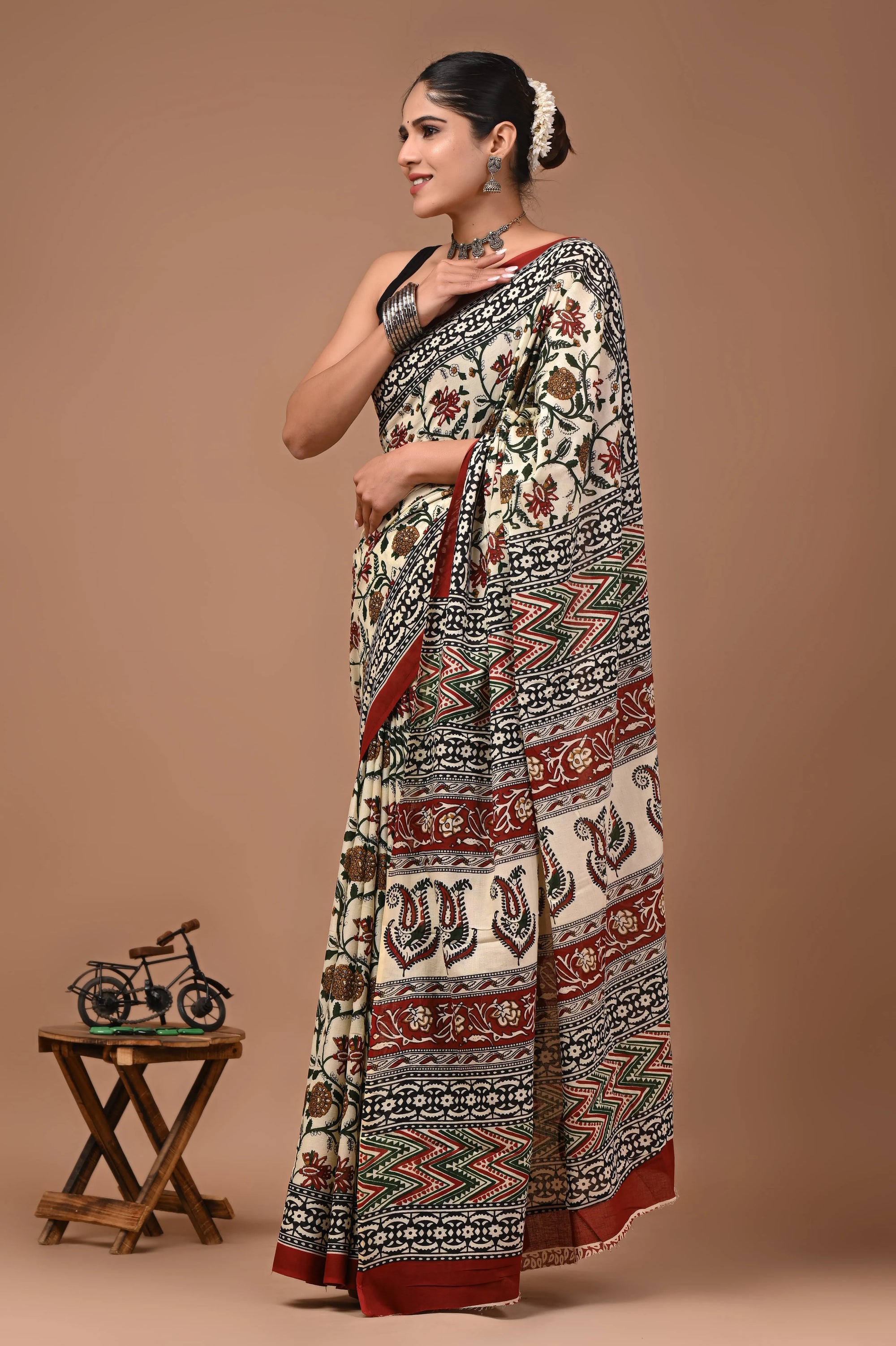 Gulnaar Hand Block Printed Cotton Mulmul Saree with Blouse for Women