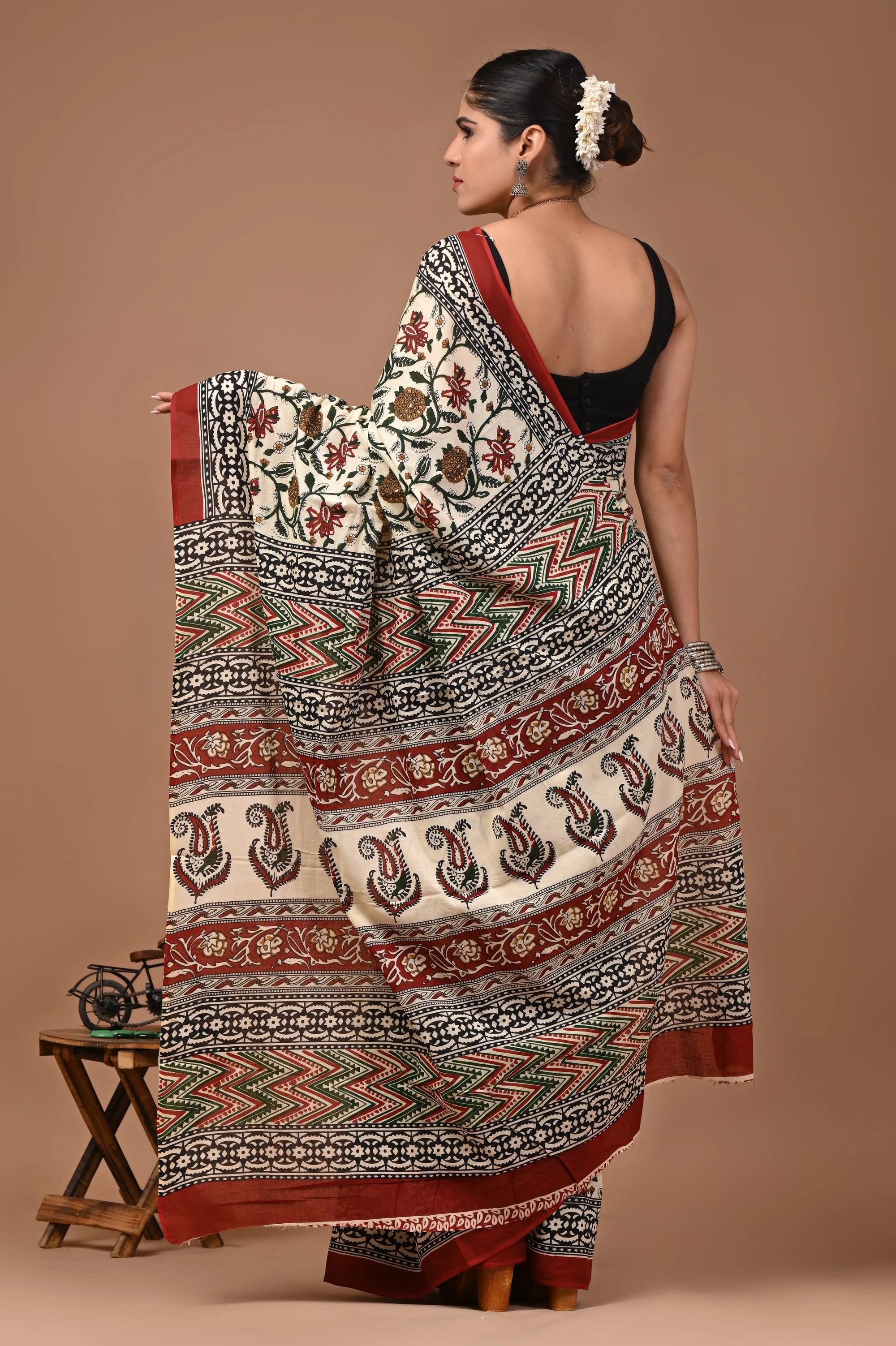 Gulnaar Hand Block Printed Cotton Mulmul Saree with Blouse for Women