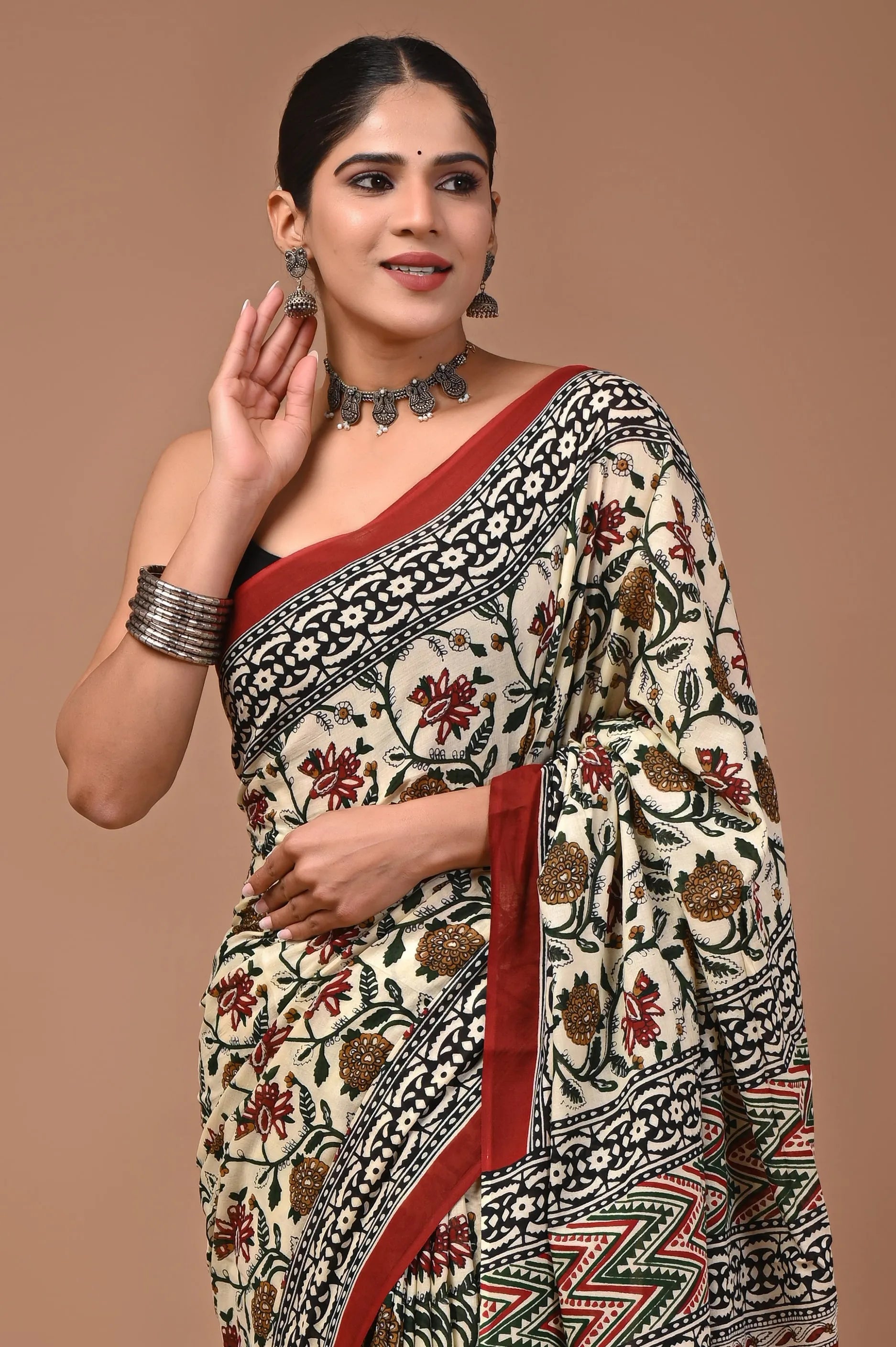 Gulnaar Hand Block Printed Cotton Mulmul Saree with Blouse for Women