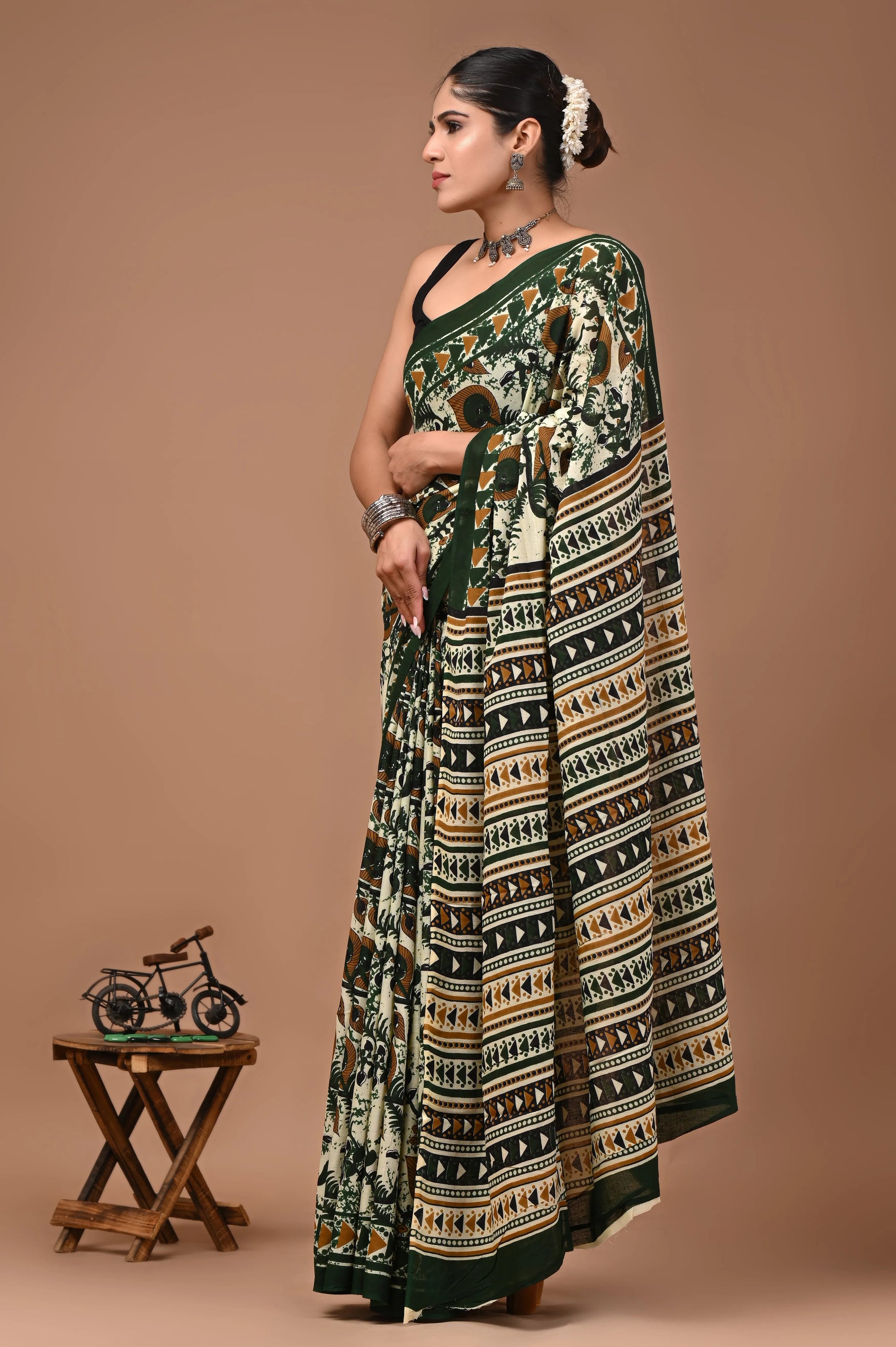 Mor Pankh Hand Block Printed Cotton Mulmul Saree with Blouse for Women