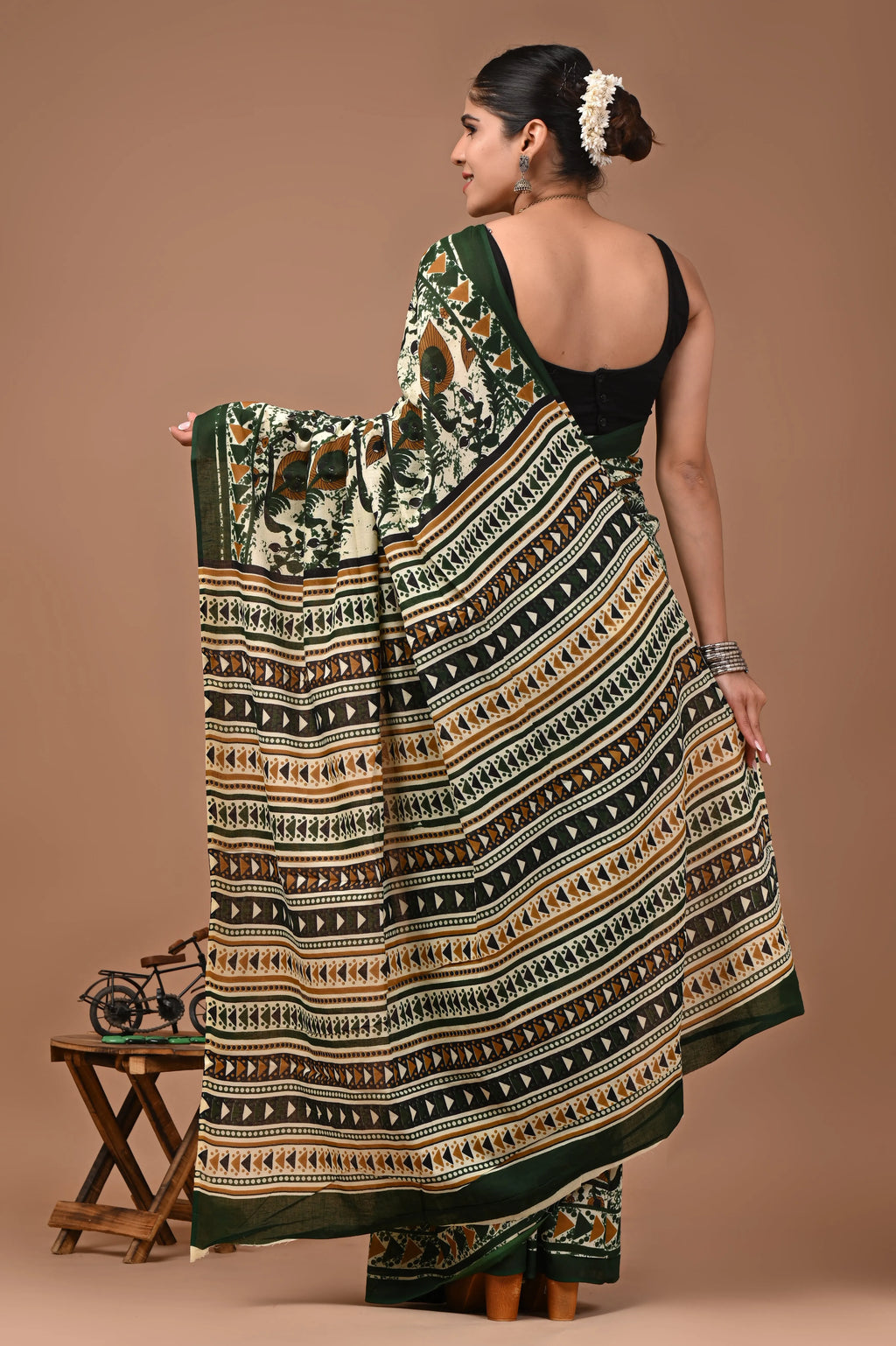 Mor Pankh Hand Block Printed Cotton Mulmul Saree with Blouse for Women