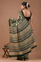 Mor Pankh Hand Block Printed Cotton Mulmul Saree with Blouse for Women