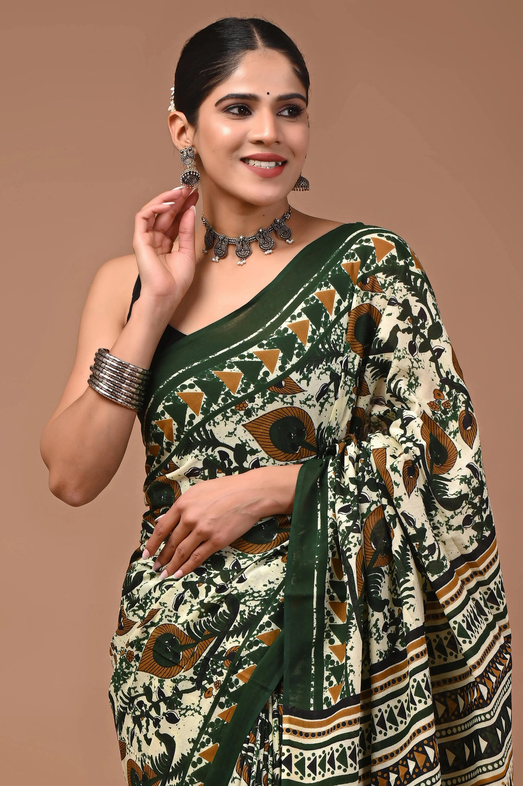 Mor Pankh Hand Block Printed Cotton Mulmul Saree with Blouse for Women