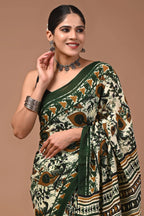 Mor Pankh Hand Block Printed Cotton Mulmul Saree with Blouse for Women
