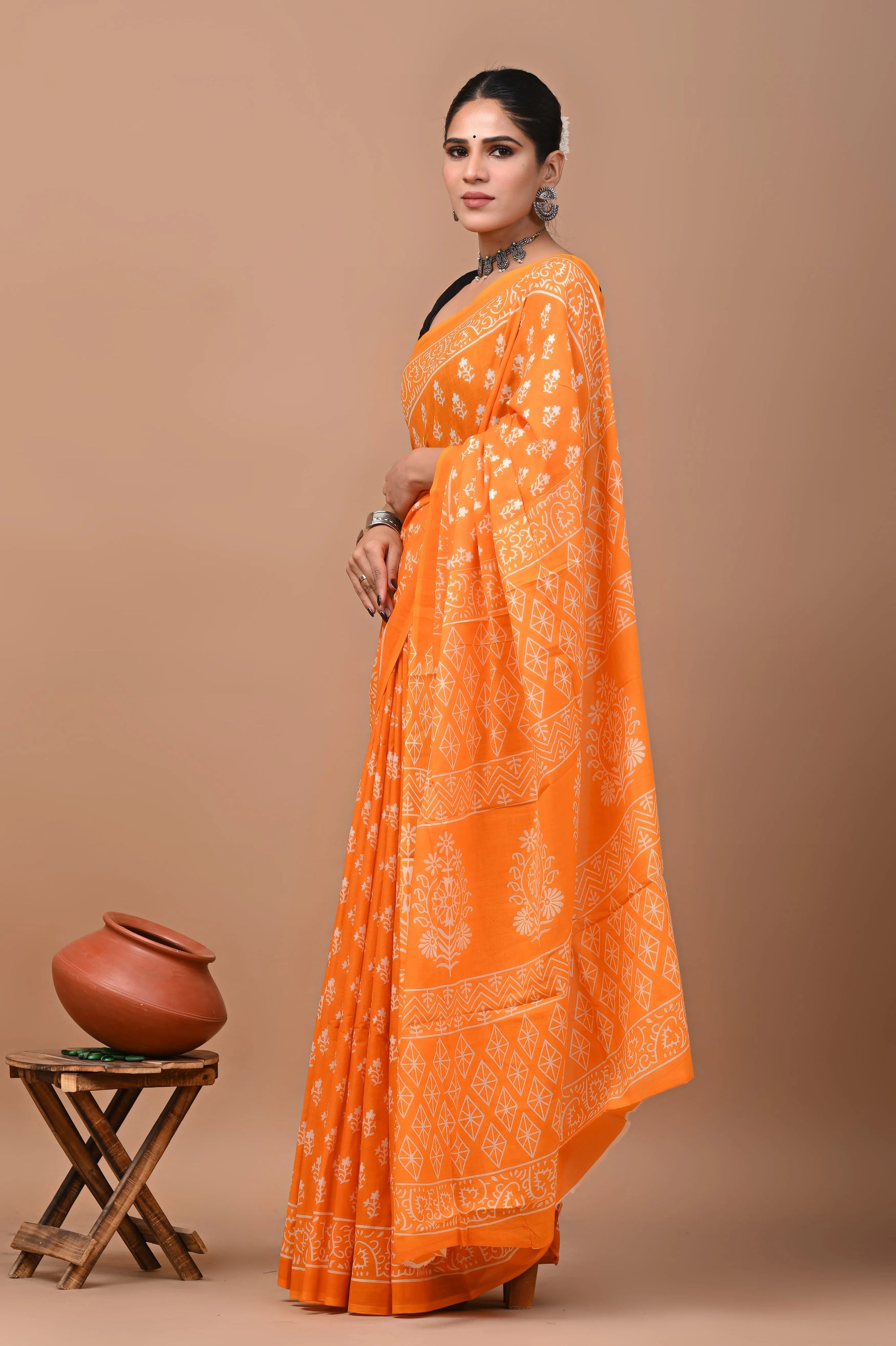 Rovim Jaipuri Traditional Hand Block Printed Cotton Mulmul Saree with Blouse for Women