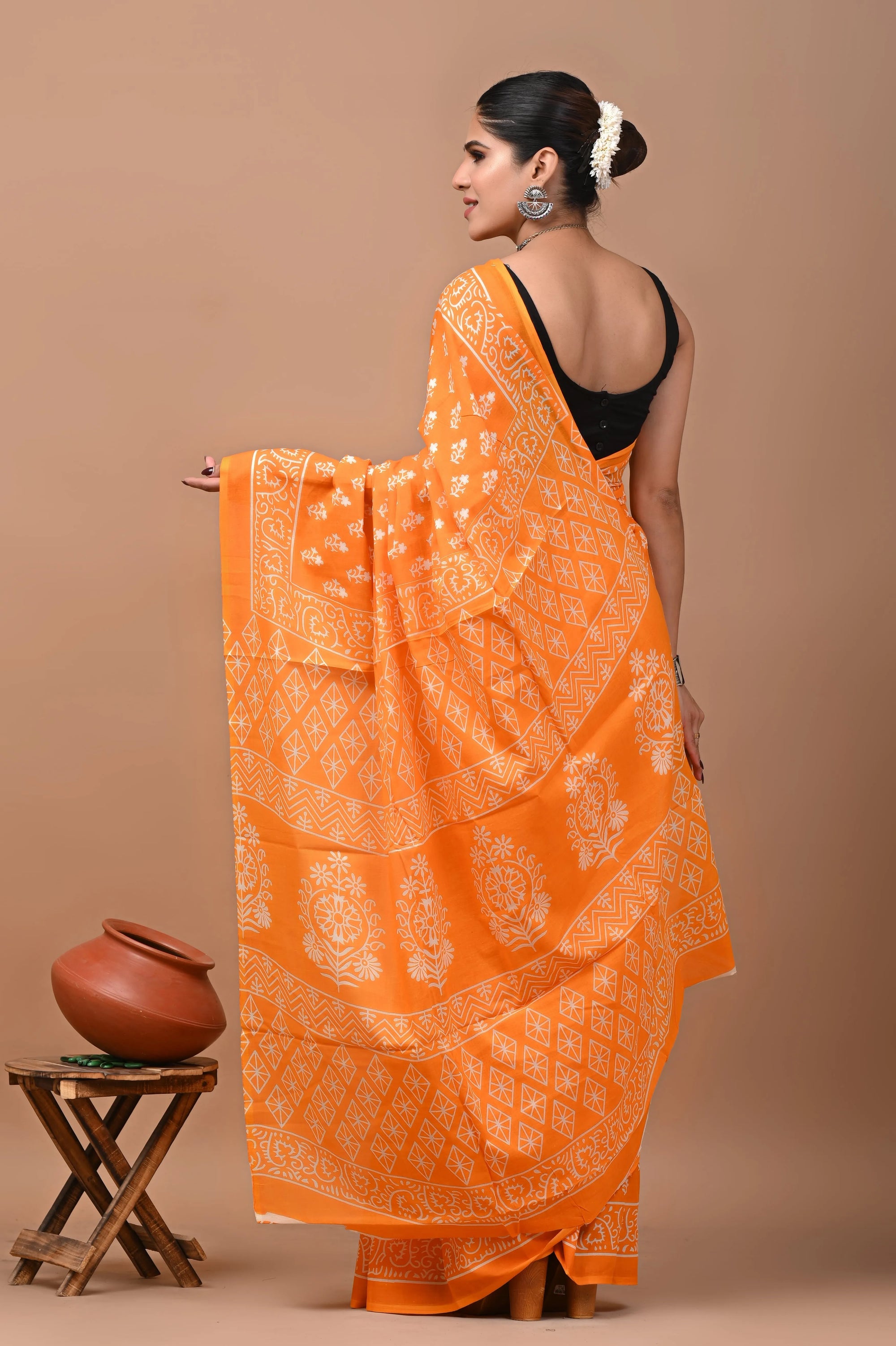 Rovim Jaipuri Traditional Hand Block Printed Cotton Mulmul Saree with Blouse for Women
