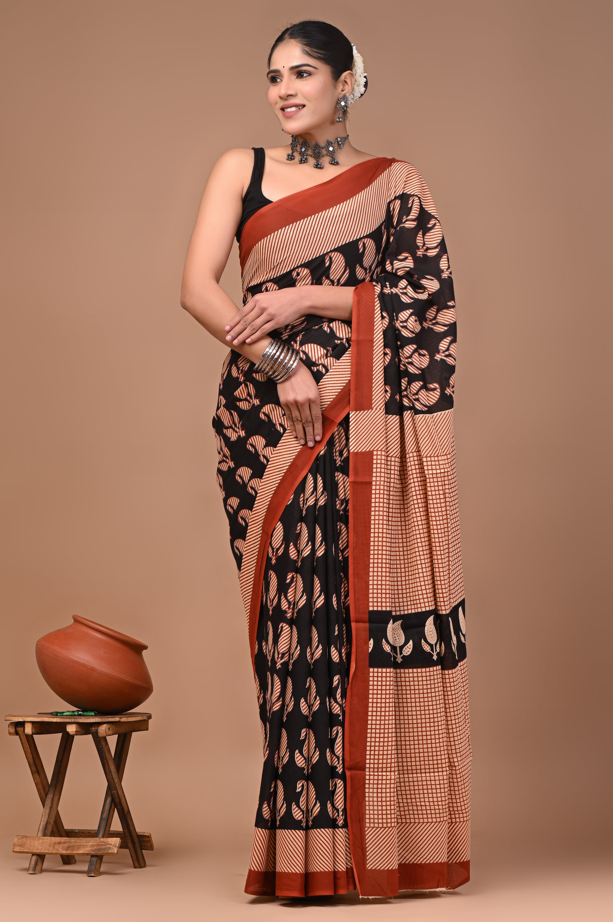 Black Keri Hand Block Print Cotton Mulmul Saree With Blouse