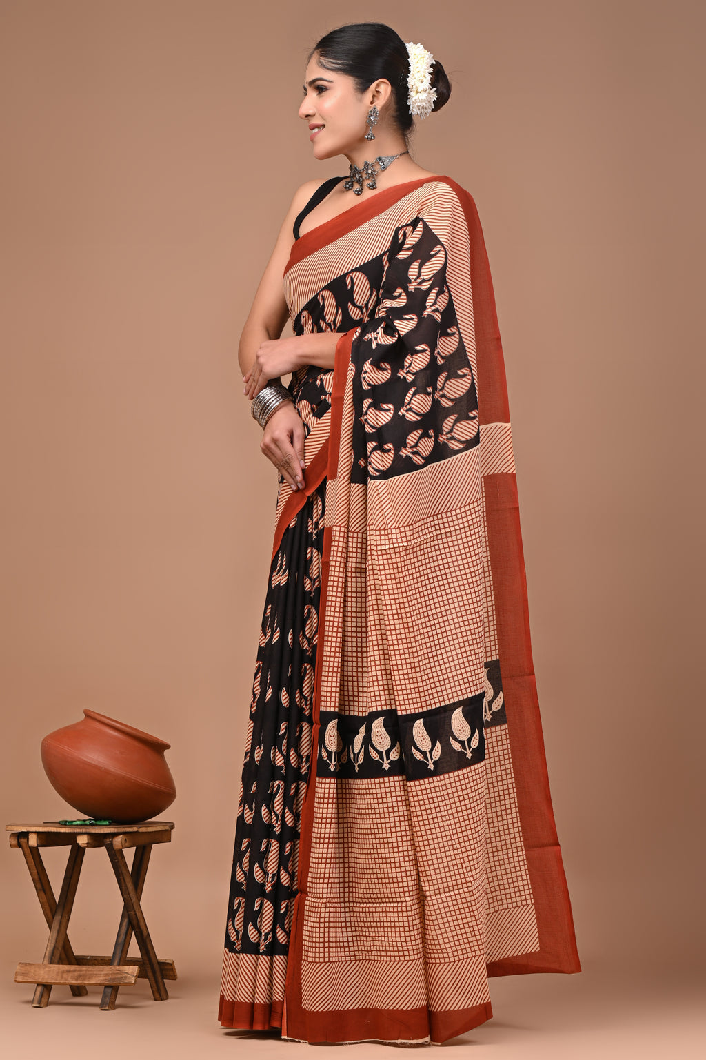 Black Keri Hand Block Print Cotton Mulmul Saree With Blouse