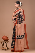 Black Keri Hand Block Print Cotton Mulmul Saree With Blouse