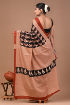 Black Keri Hand Block Print Cotton Mulmul Saree With Blouse