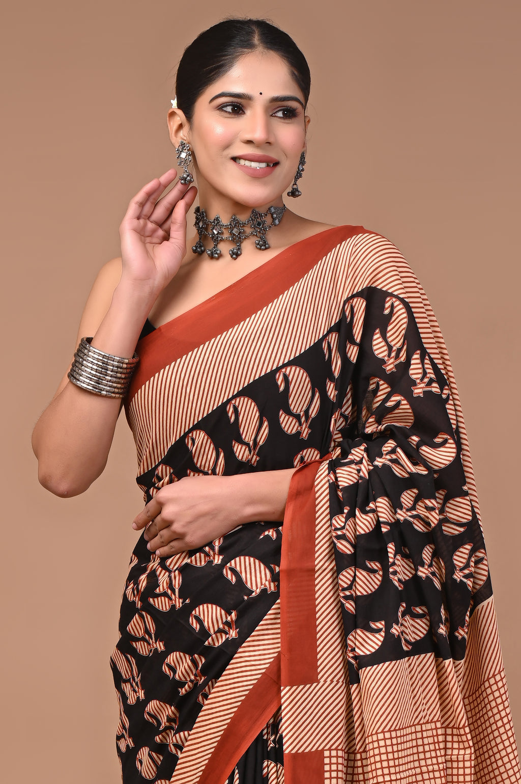 Black Keri Hand Block Print Cotton Mulmul Saree With Blouse