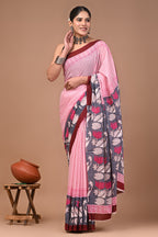 Pink Stripe Hand Block Print Cotton Mulmul Saree with Blouse