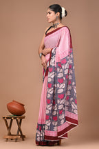 Pink Stripe Hand Block Print Cotton Mulmul Saree with Blouse