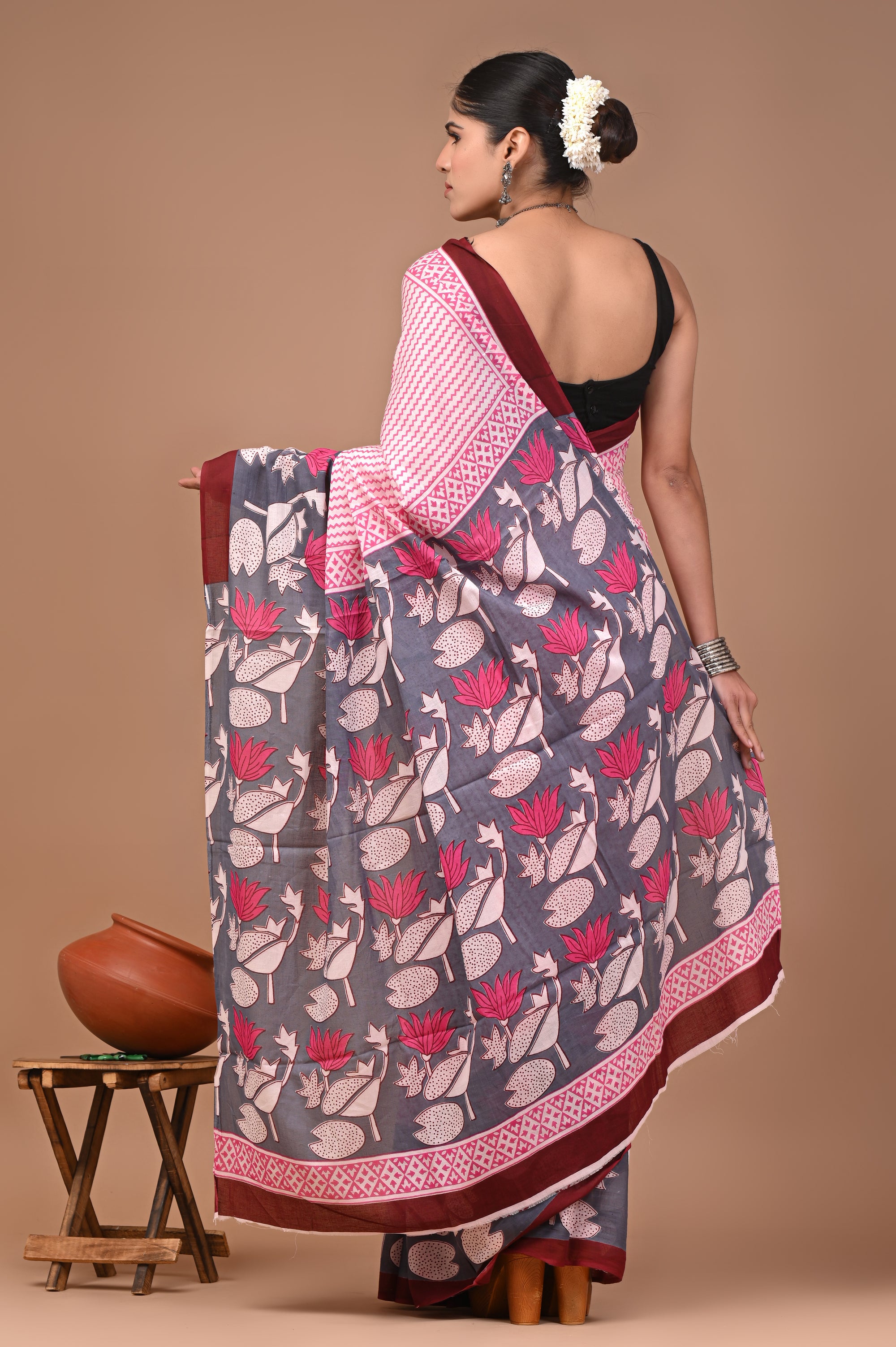 Pink Stripe Hand Block Print Cotton Mulmul Saree with Blouse