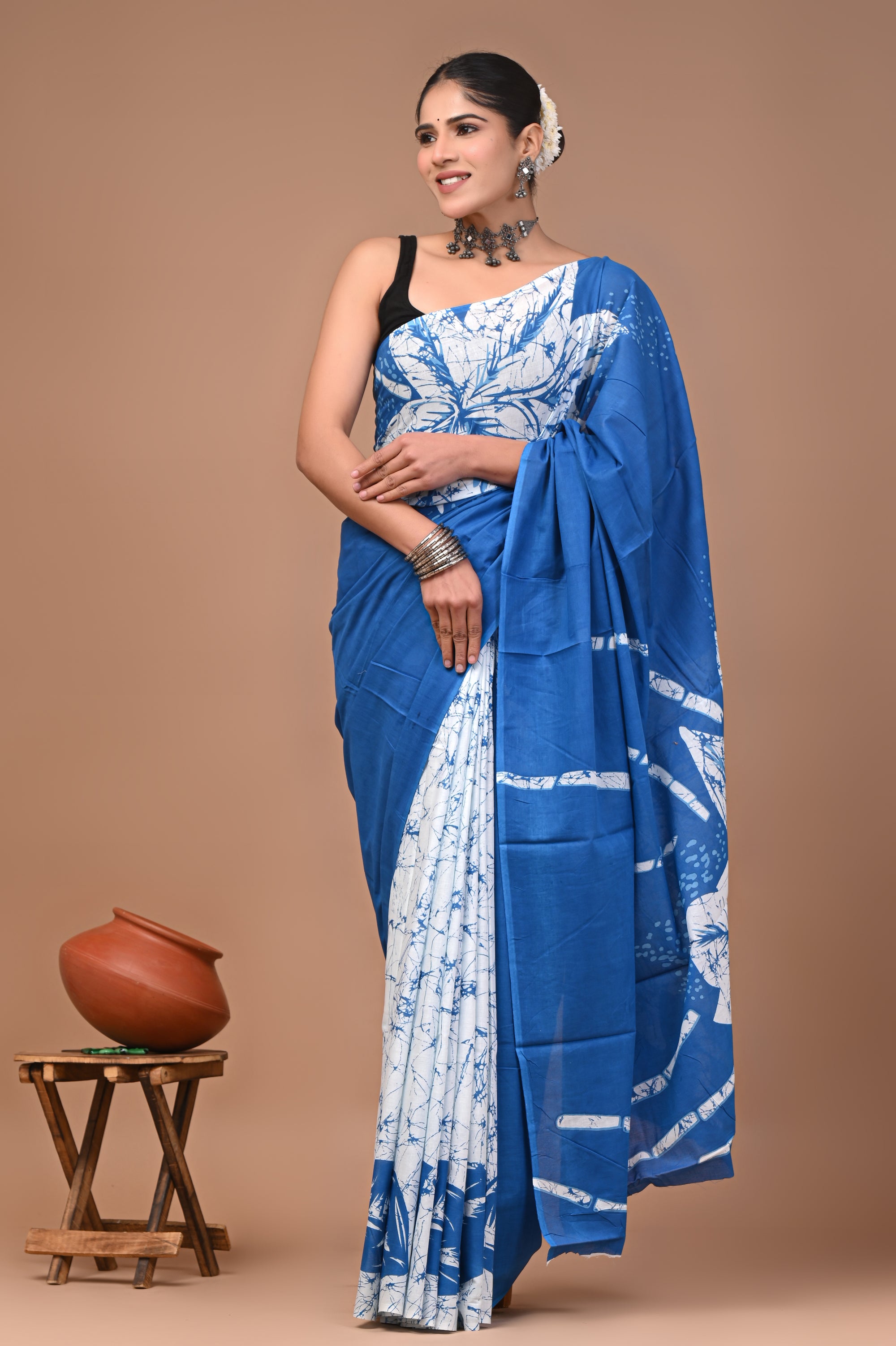 Blue Cloud Hand Block Print Cotton Mulmul Saree with Blouse