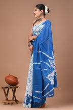 Blue Cloud Hand Block Print Cotton Mulmul Saree with Blouse
