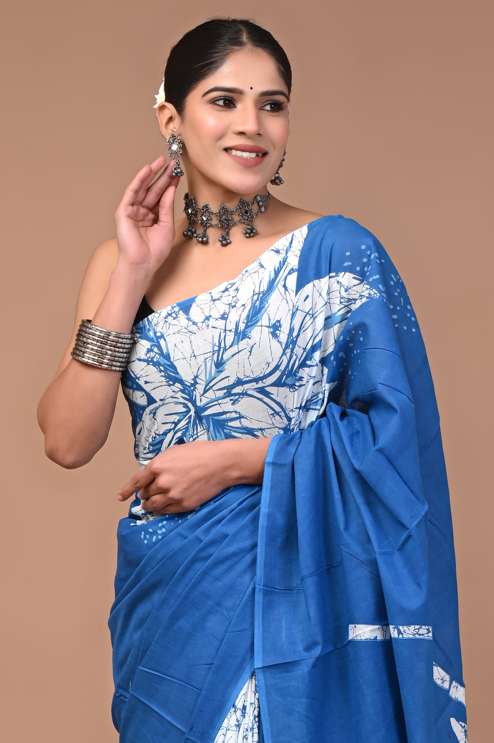 Blue Cloud Hand Block Print Cotton Mulmul Saree with Blouse