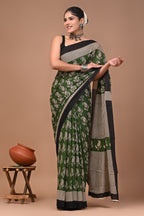 Green Keri Hand Block Print Cotton Mulmul Saree with Blouse