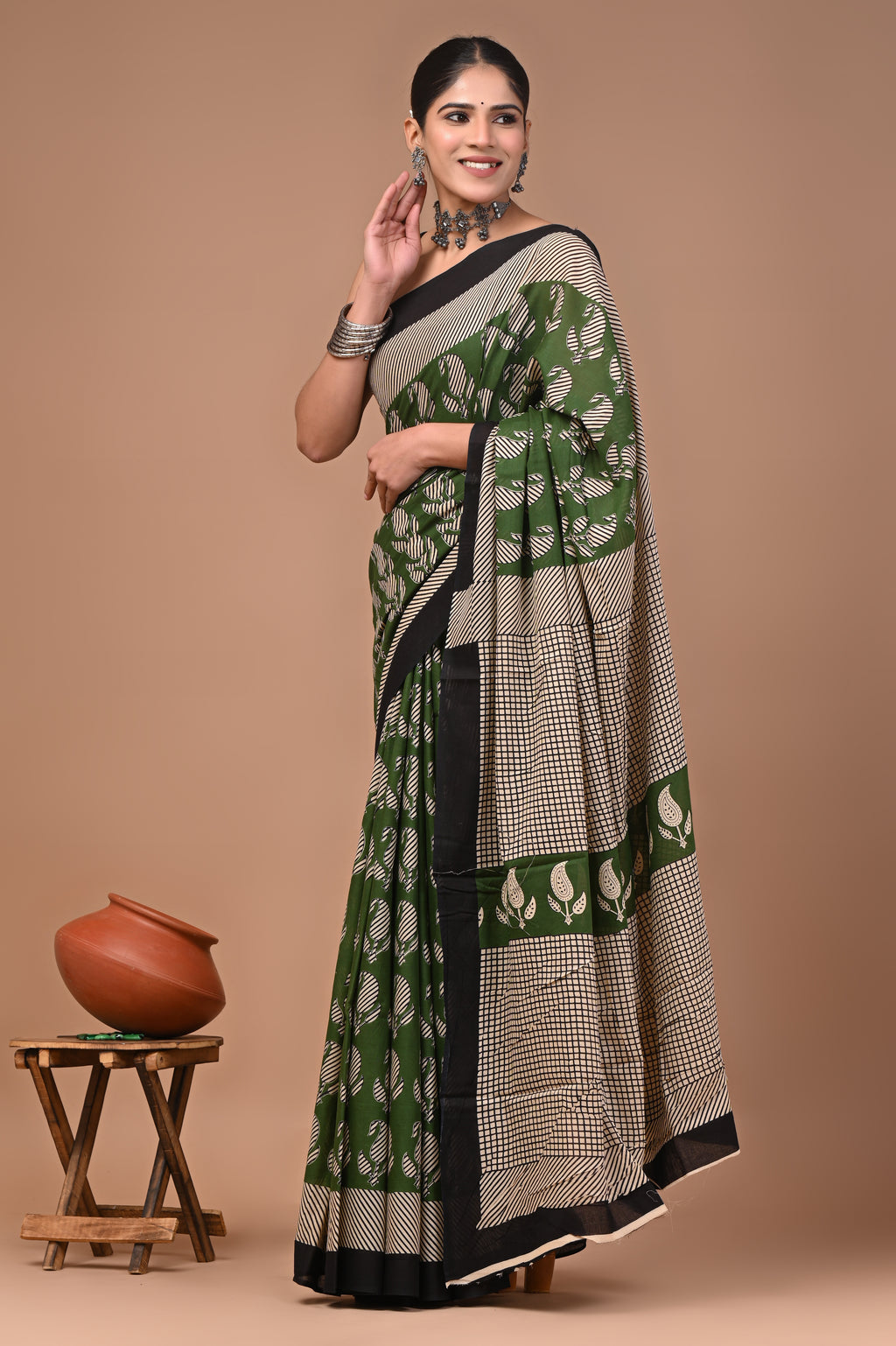 Green Keri Hand Block Print Cotton Mulmul Saree with Blouse