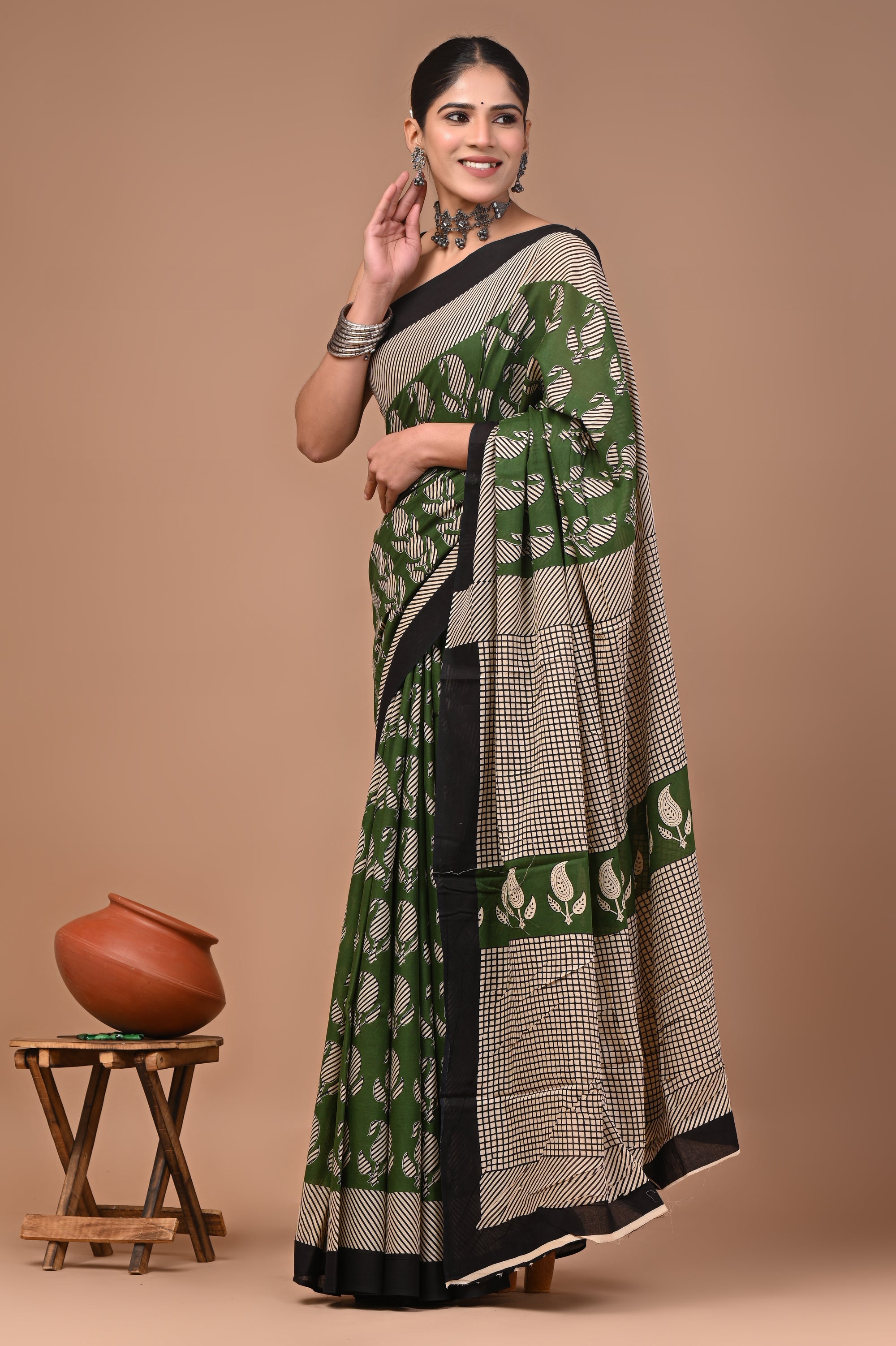 Green Keri Hand Block Print Cotton Mulmul Saree with Blouse