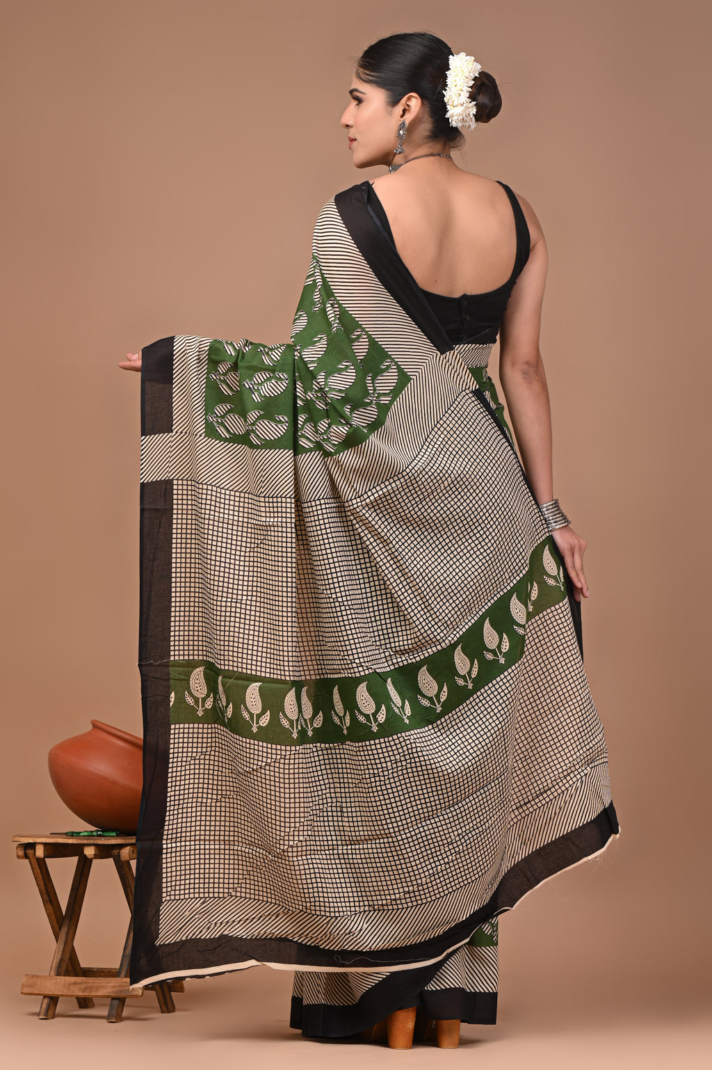 Green Keri Hand Block Print Cotton Mulmul Saree with Blouse
