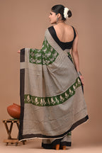 Green Keri Hand Block Print Cotton Mulmul Saree with Blouse