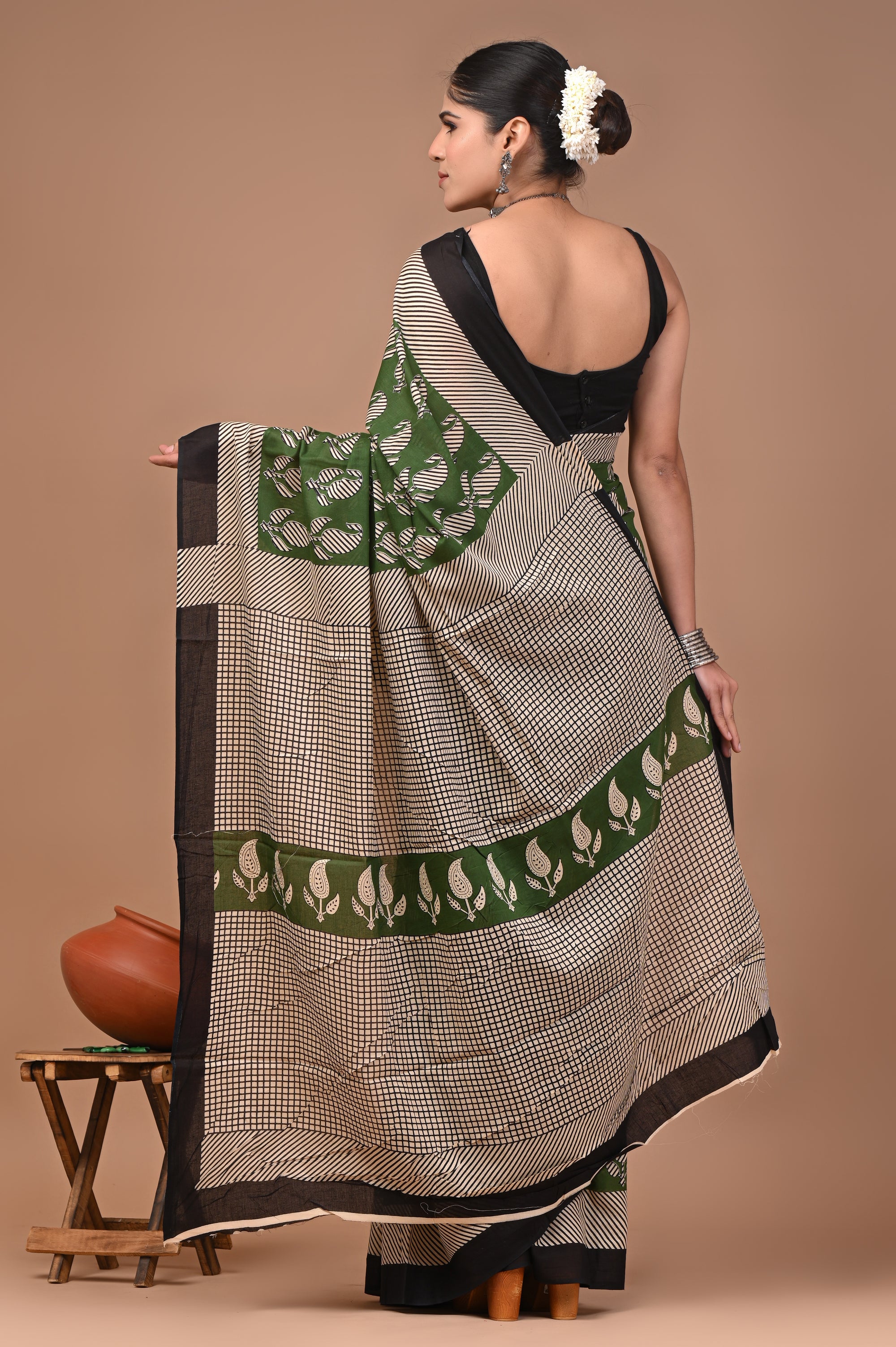 Green Keri Hand Block Print Cotton Mulmul Saree with Blouse