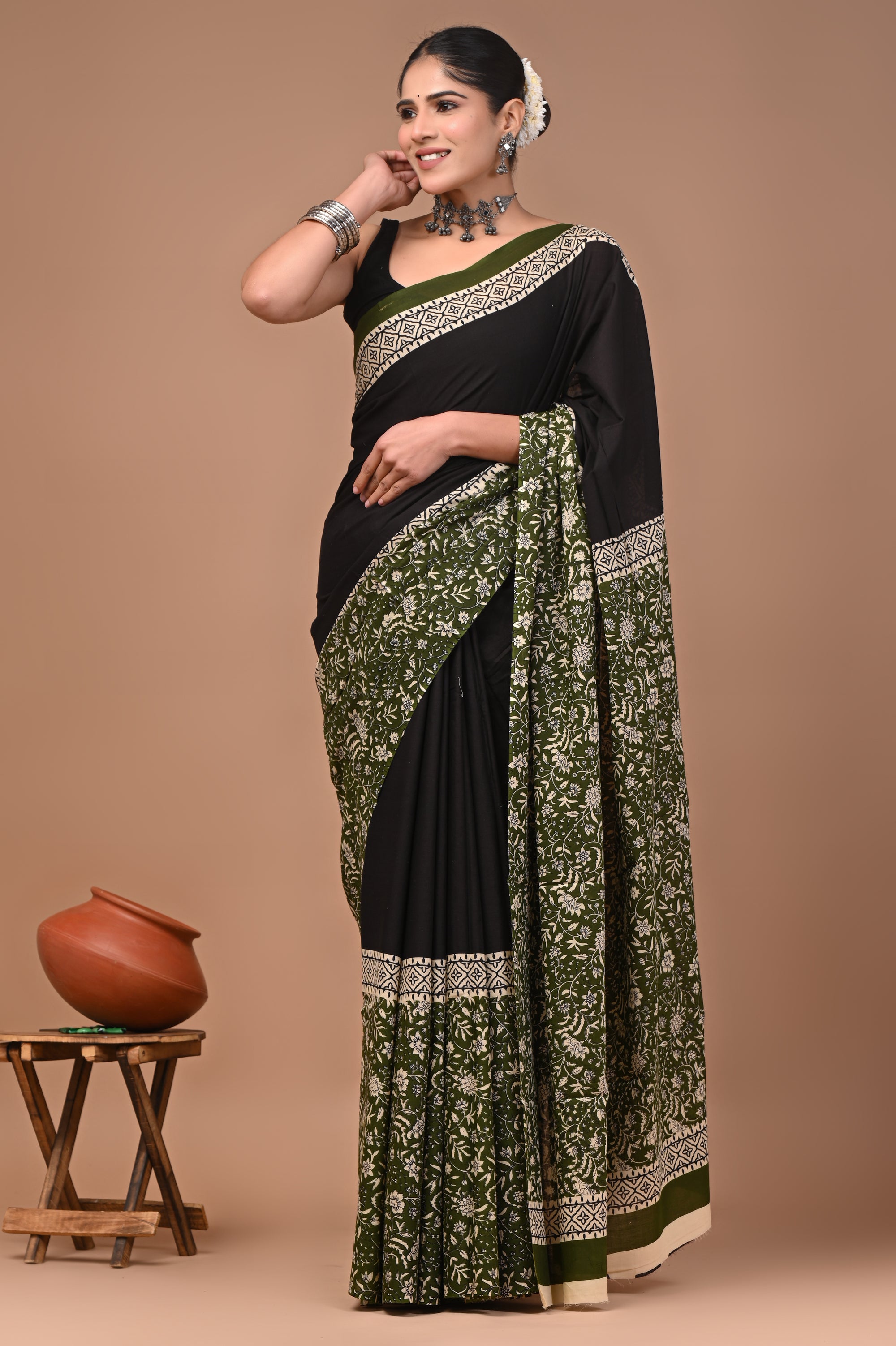 Green Half&Half Hand Block Print Cotton Mulmul Saree with Blouse