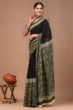 Green Half&Half Hand Block Print Cotton Mulmul Saree with Blouse