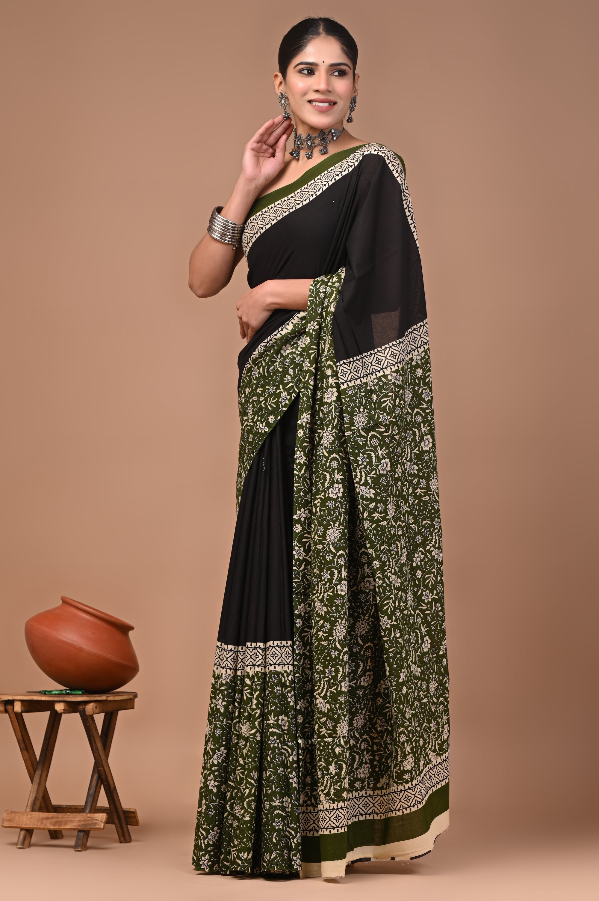 Green Half&Half Hand Block Print Cotton Mulmul Saree with Blouse