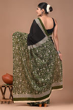 Green Half&Half Hand Block Print Cotton Mulmul Saree with Blouse