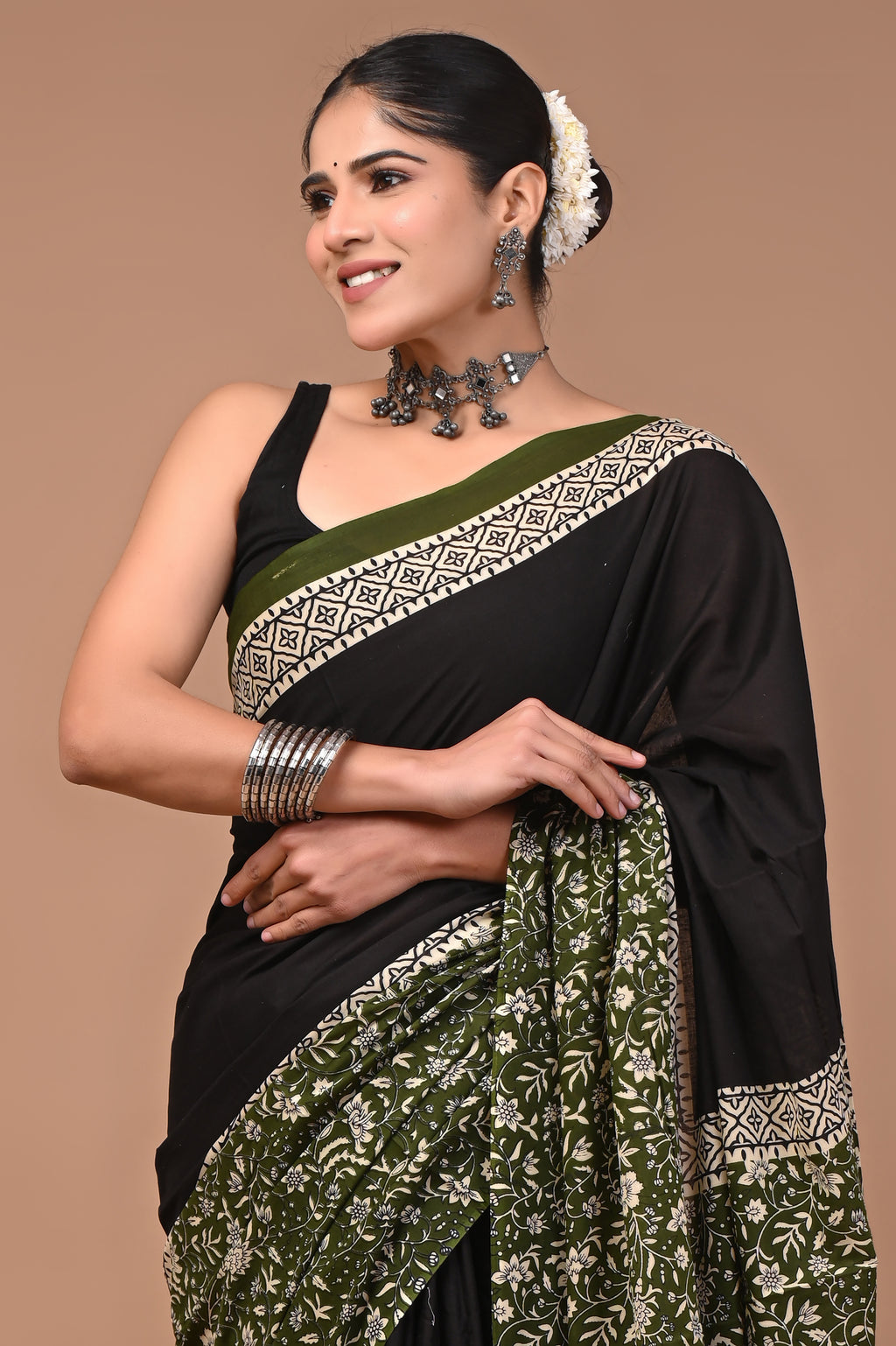 Green Half&Half Hand Block Print Cotton Mulmul Saree with Blouse