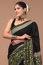 Green Half&Half Hand Block Print Cotton Mulmul Saree with Blouse