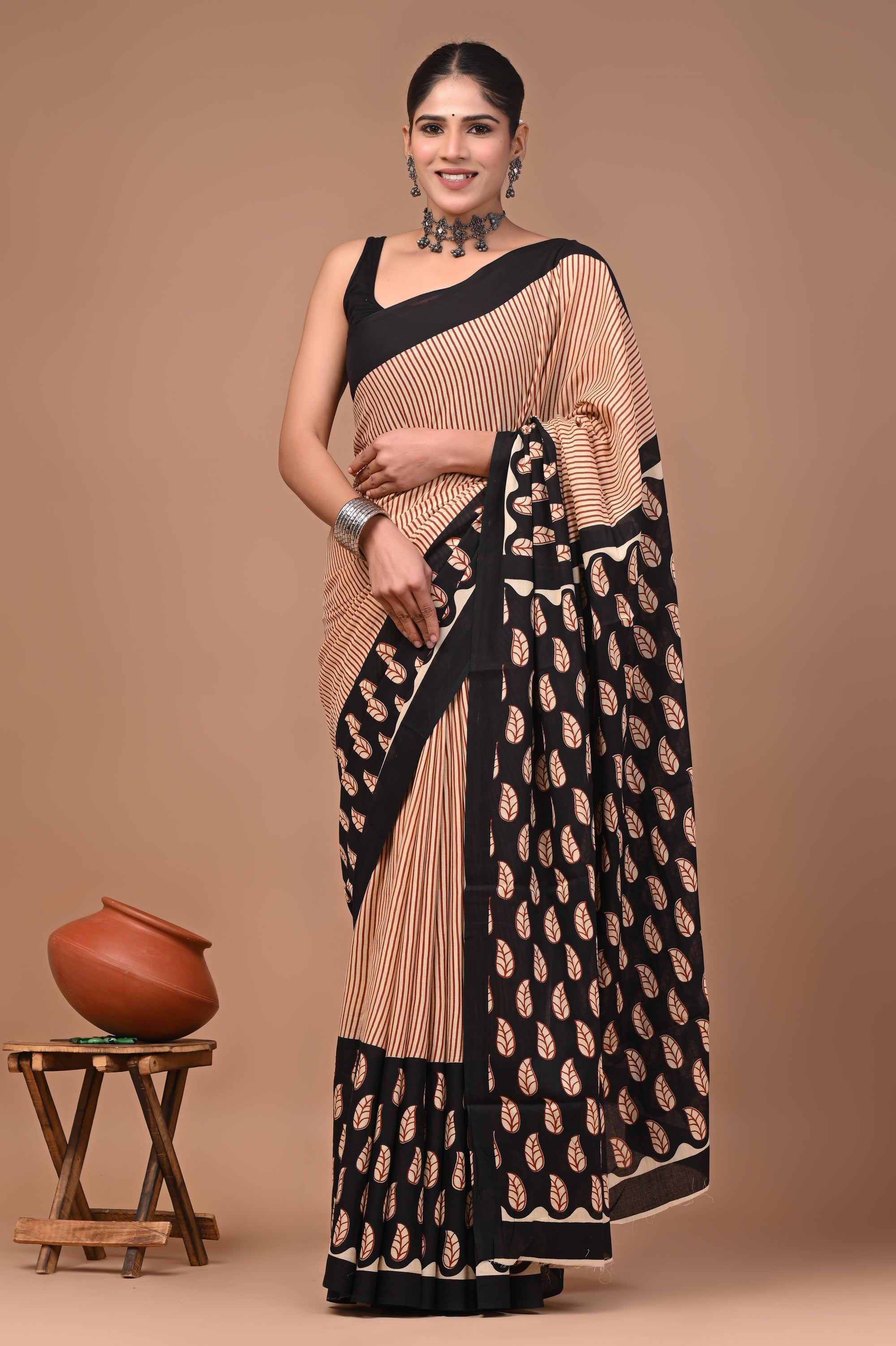 Beige Stripes Hand Block Print Cotton Mulmul Saree With Blouse