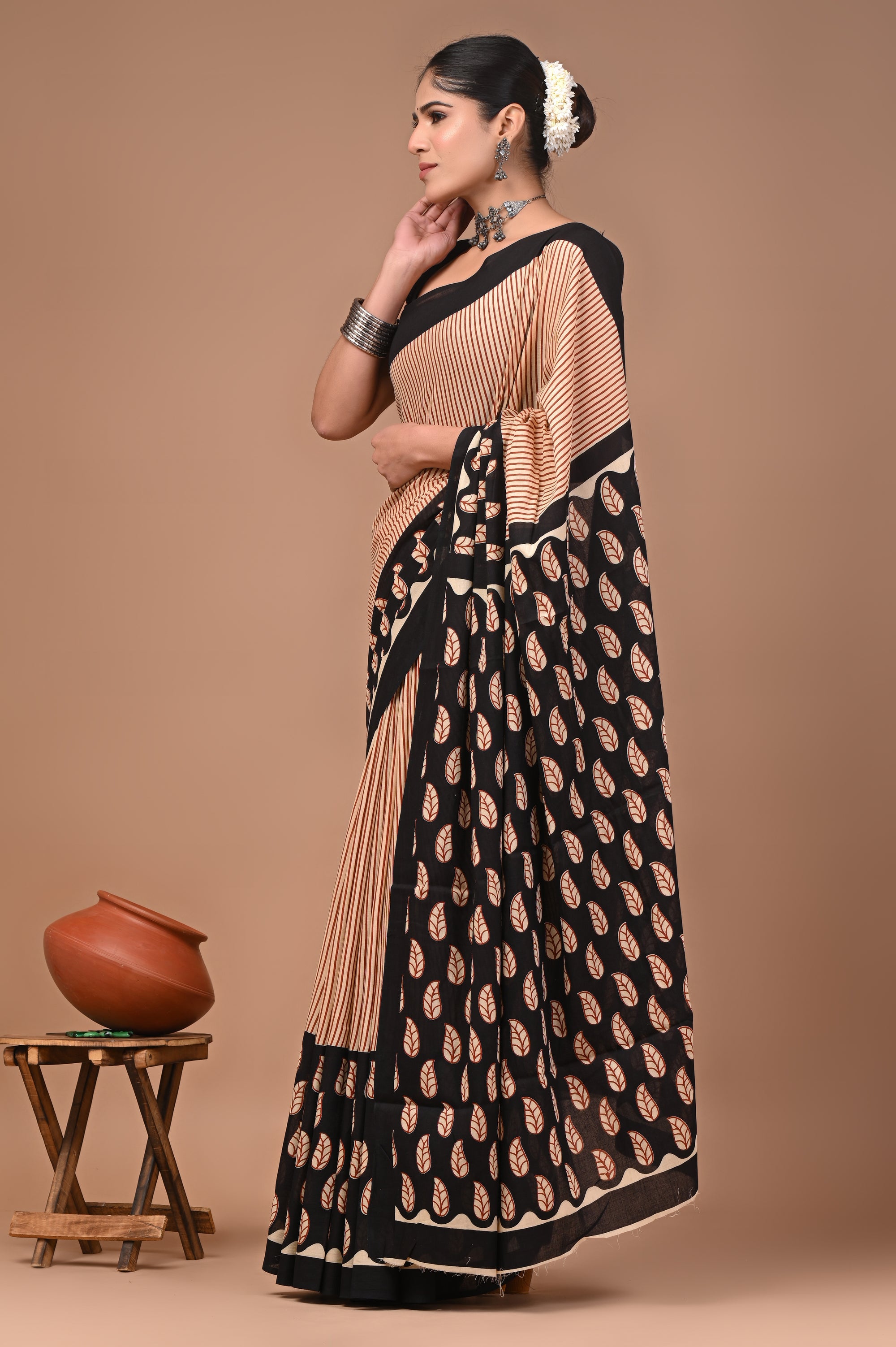 Beige Stripes Hand Block Print Cotton Mulmul Saree With Blouse