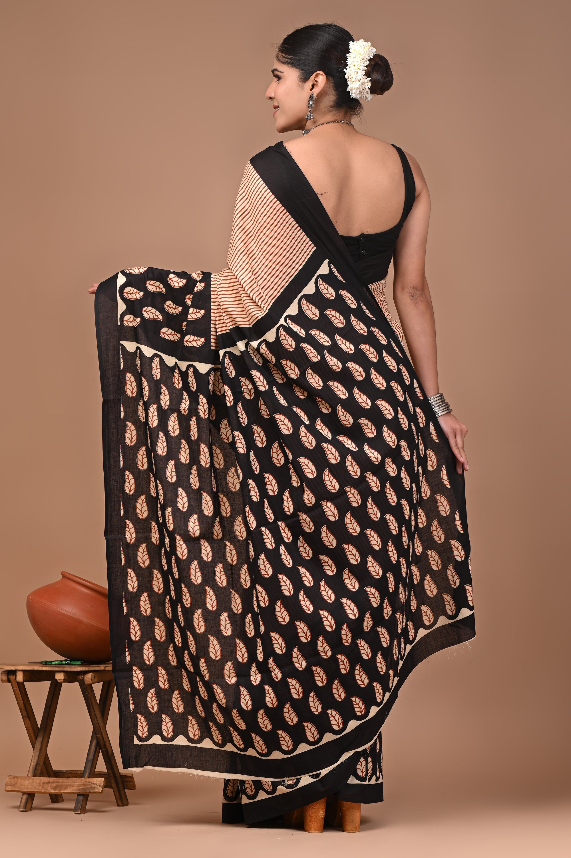 Beige Stripes Hand Block Print Cotton Mulmul Saree With Blouse