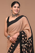 Beige Stripes Hand Block Print Cotton Mulmul Saree With Blouse