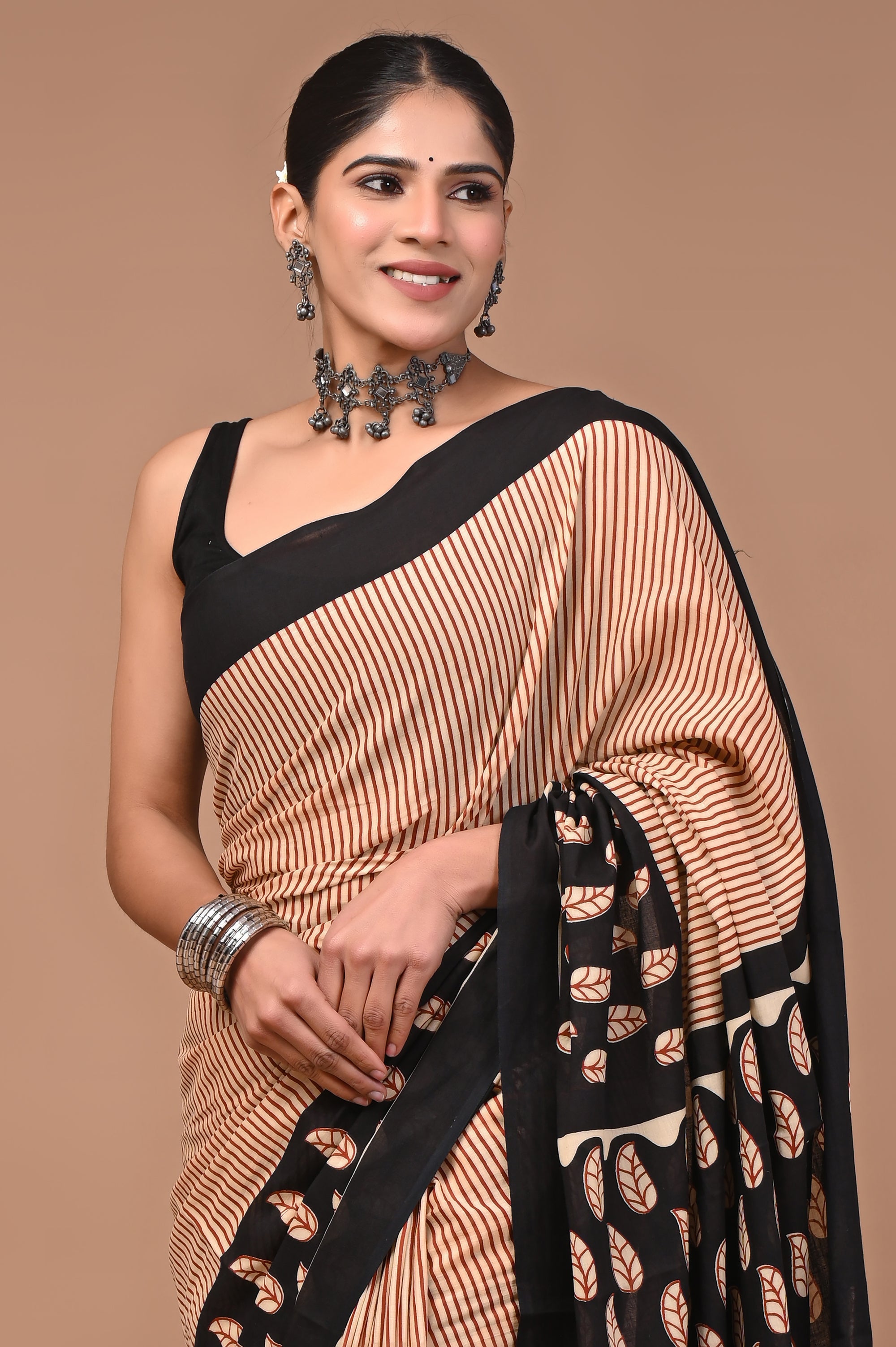 Beige Stripes Hand Block Print Cotton Mulmul Saree With Blouse