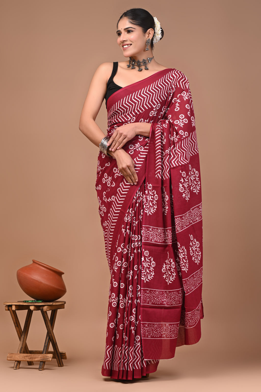 Maroon Butti Hand Block Print Cotton Mulmul Saree with Blouse