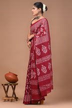 Maroon Butti Hand Block Print Cotton Mulmul Saree with Blouse