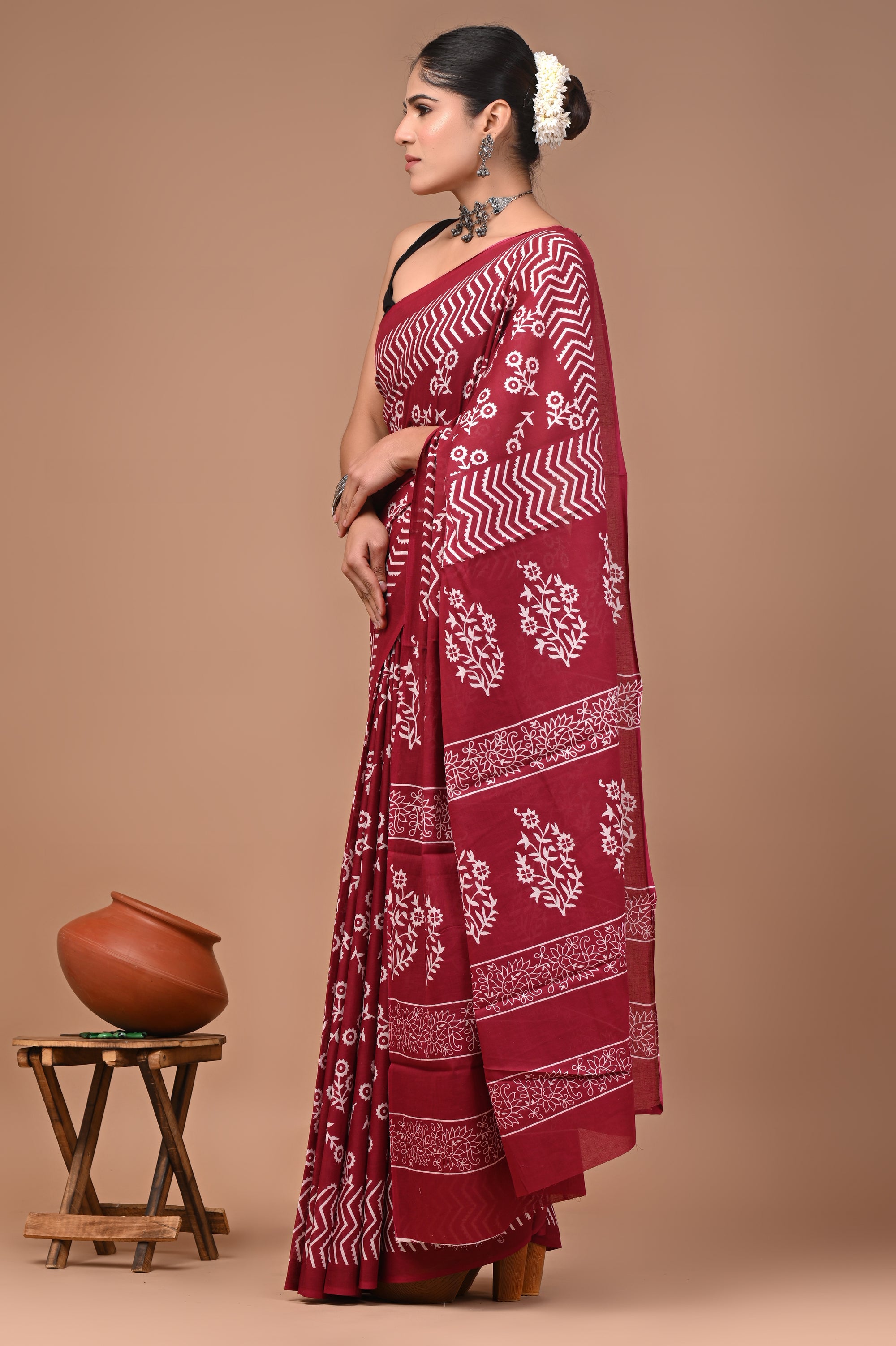 Maroon Butti Hand Block Print Cotton Mulmul Saree with Blouse