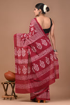 Maroon Butti Hand Block Print Cotton Mulmul Saree with Blouse