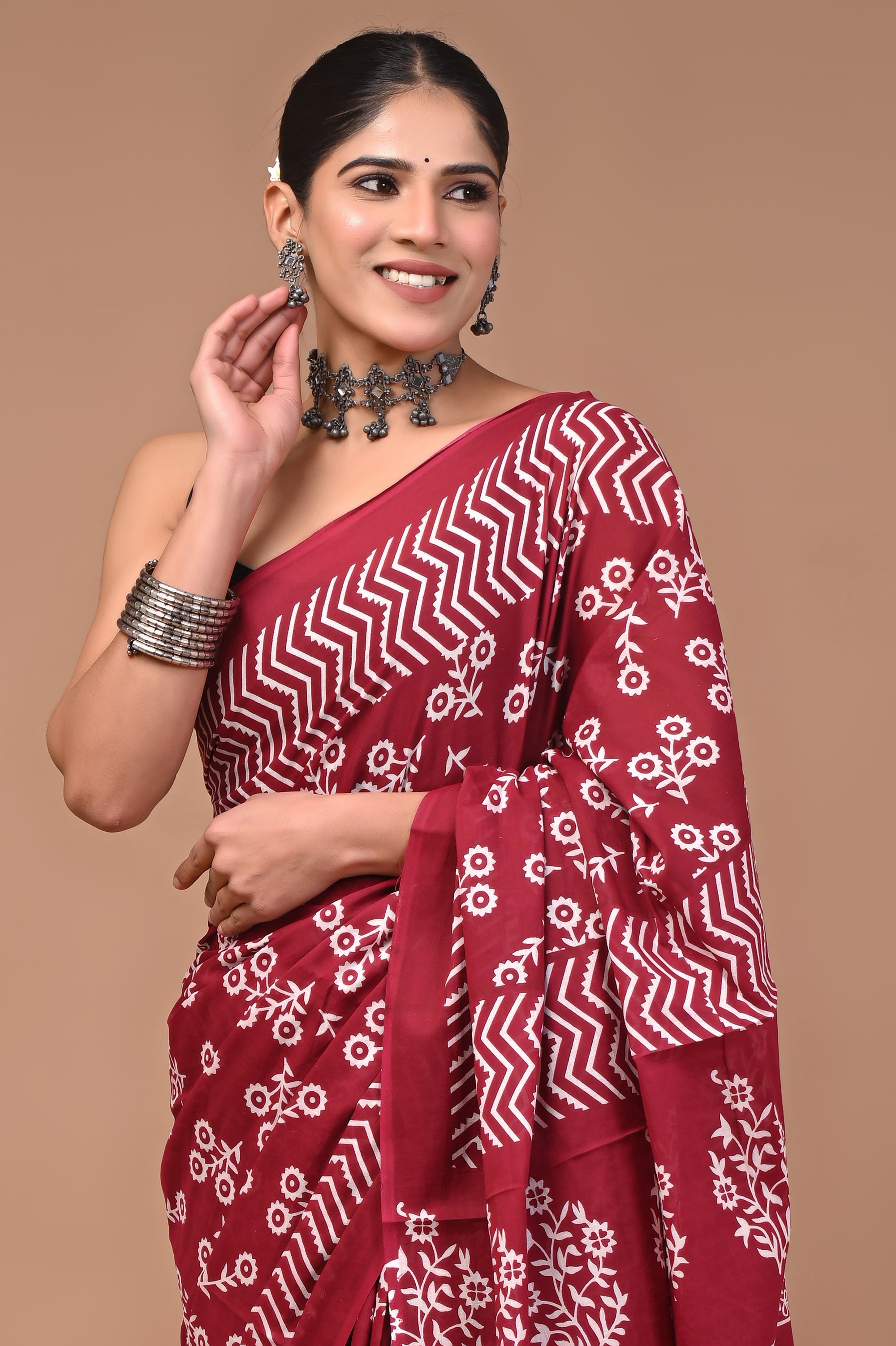 Maroon Butti Hand Block Print Cotton Mulmul Saree with Blouse