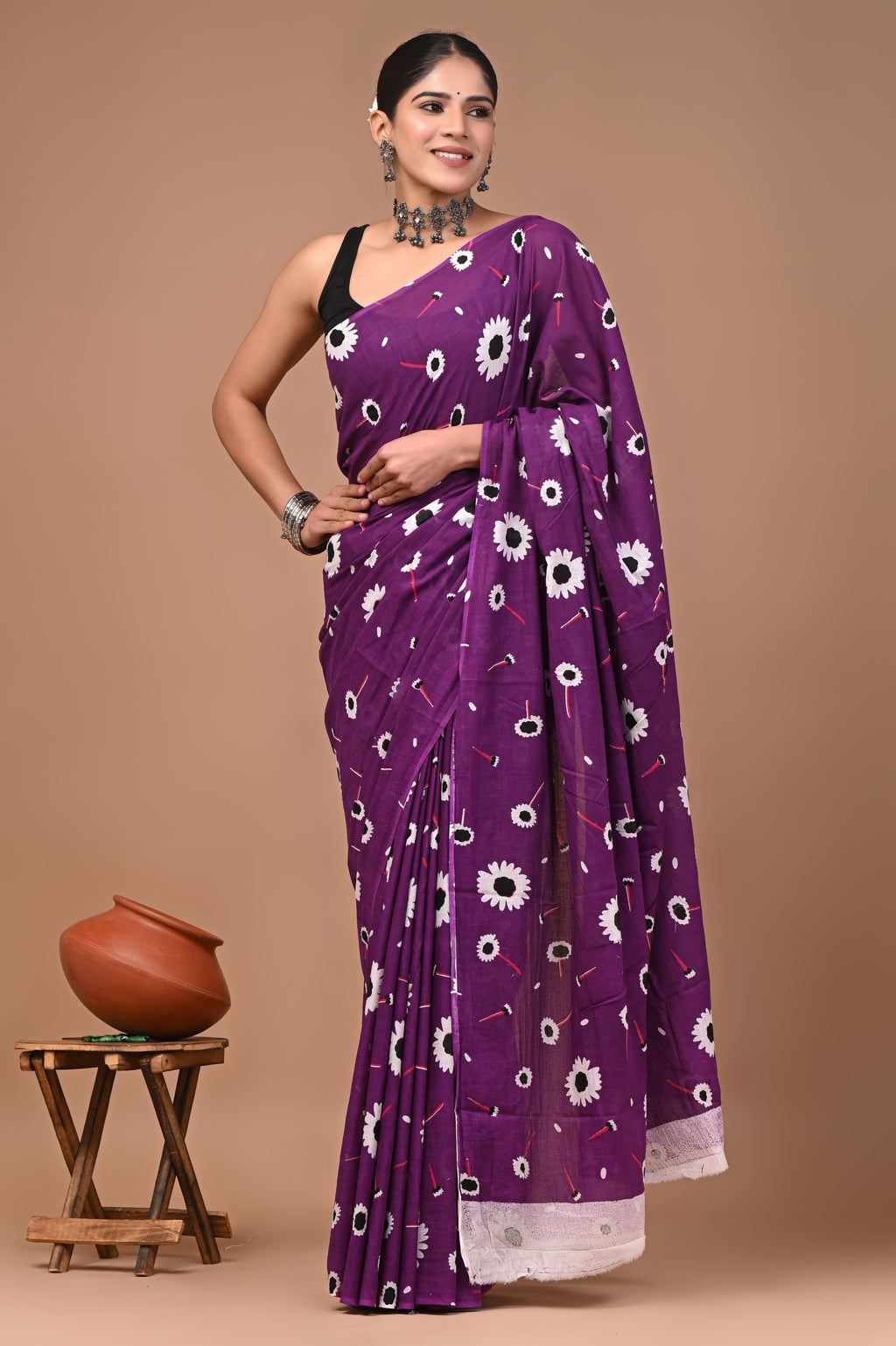 Bold Purple Hand Block Print Cotton Mulmul Saree With Blouse