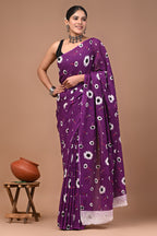 Bold Purple Hand Block Print Cotton Mulmul Saree With Blouse