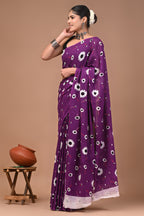 Bold Purple Hand Block Print Cotton Mulmul Saree With Blouse