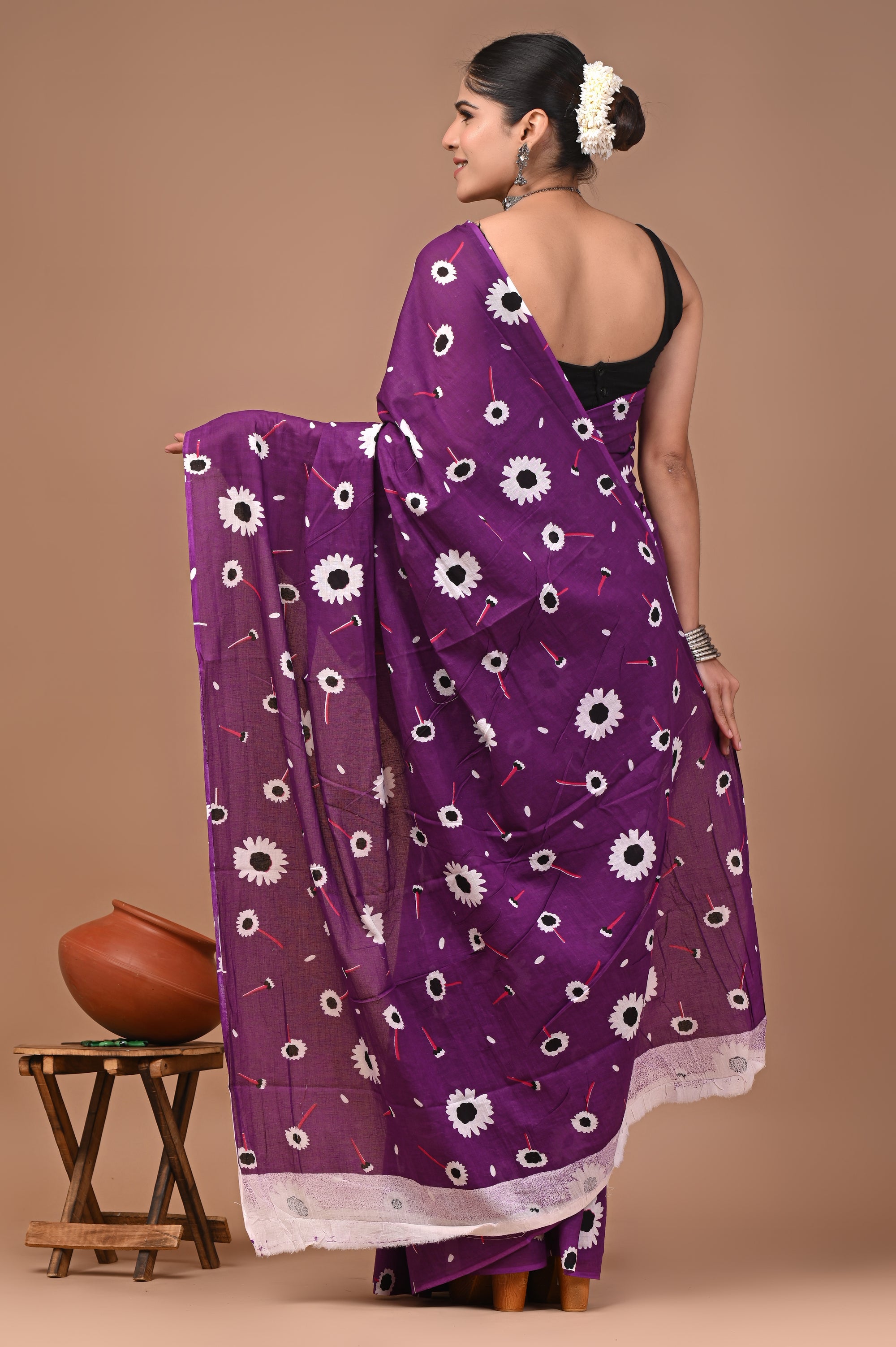 Bold Purple Hand Block Print Cotton Mulmul Saree With Blouse