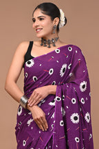 Bold Purple Hand Block Print Cotton Mulmul Saree With Blouse